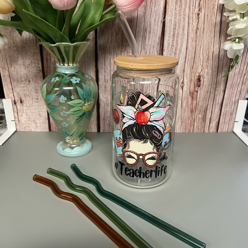 Teacher Life Glass Tumbler with Bamboo Lid and Straws